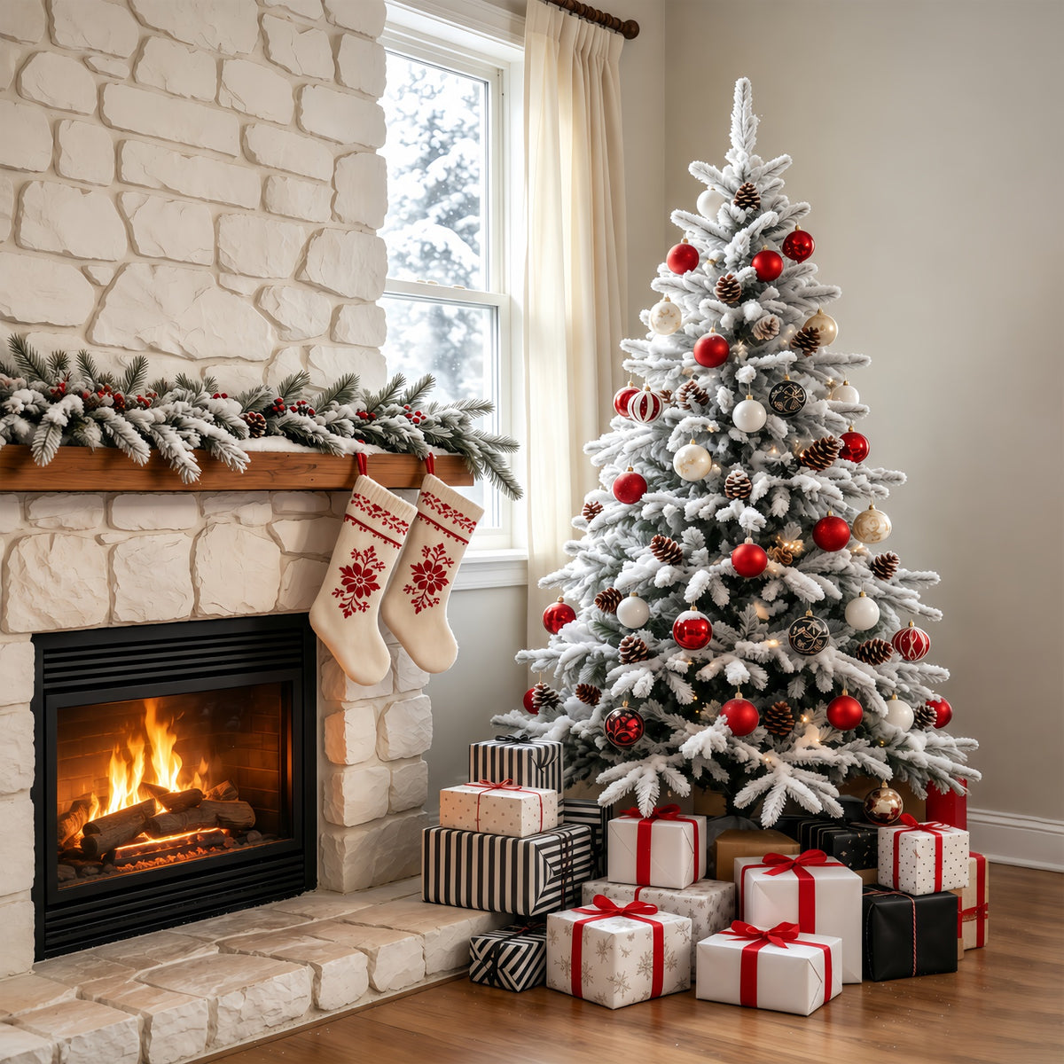 Christmas Living Room Backdrop Snowy Stone Fireplace Tree Photography Christmas Backdrops GQ69-67