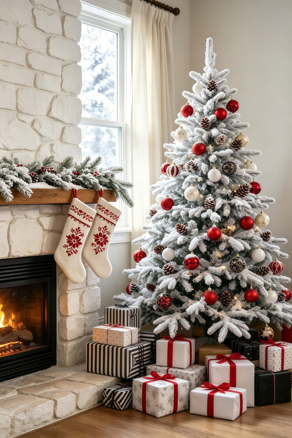 Christmas Living Room Backdrop Snowy Stone Fireplace Tree Photography Christmas Backdrops GQ69-67