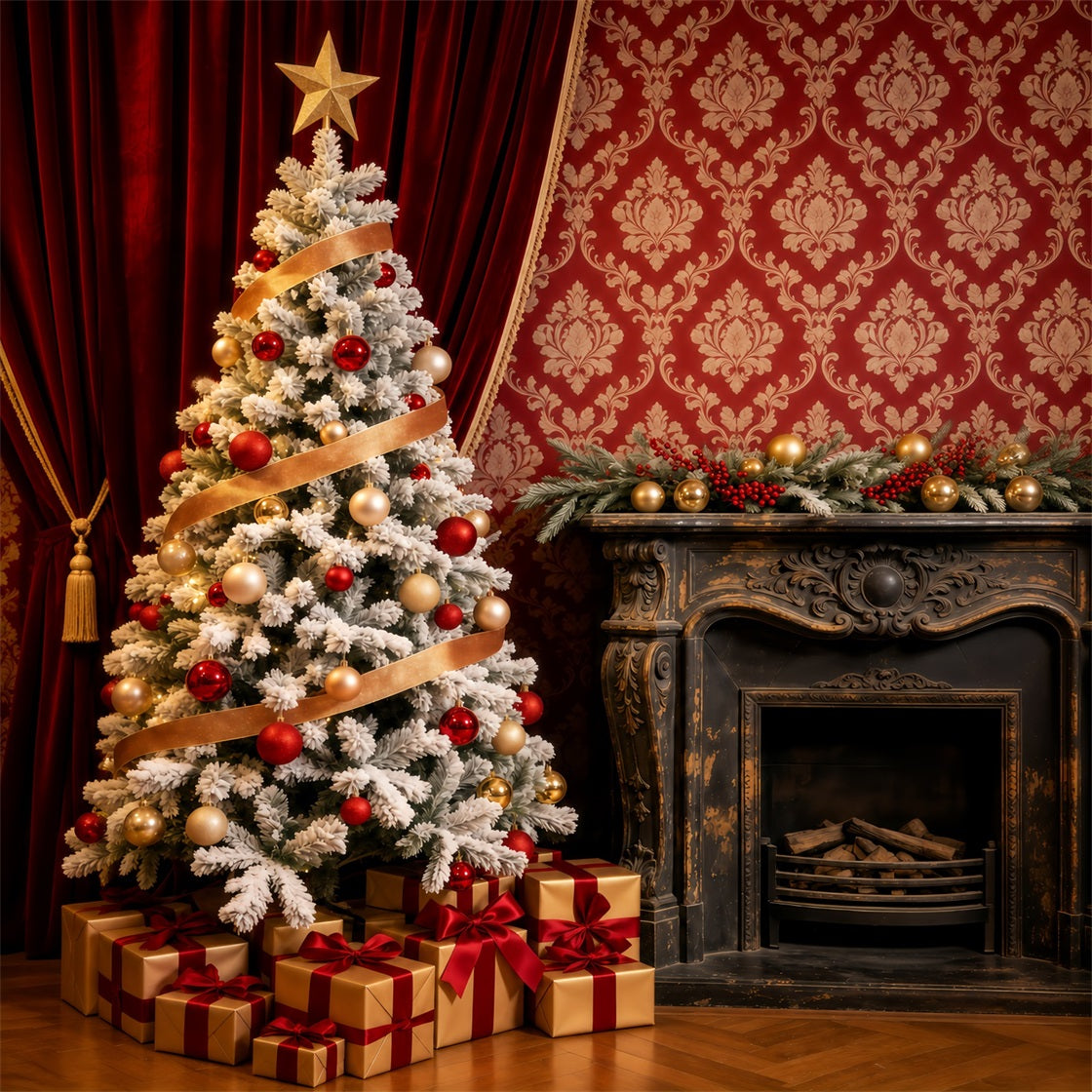 Realistic Christmas Backdrop Elegant Red Velvet Tree Large Christmas Backdrop GQ69-68