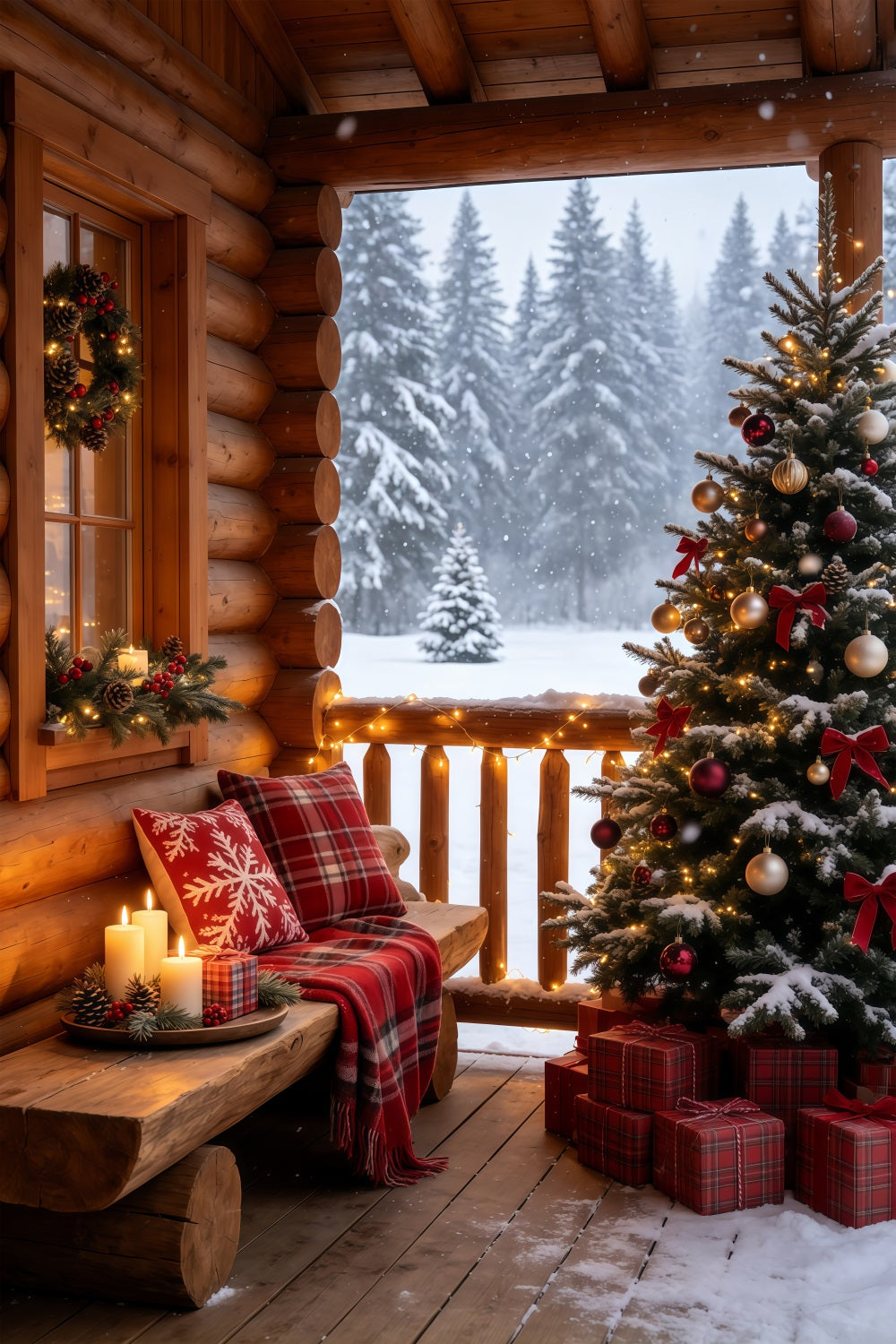 Rustic Christmas Backdrop Cozy Snowy Cabin Balcony Backdrops Christmas GQ69-69