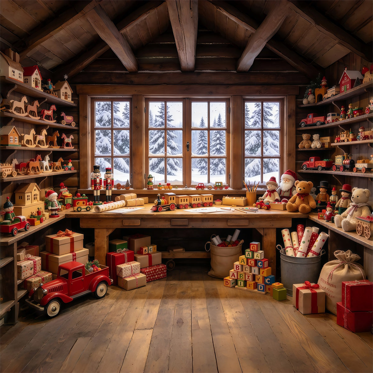 Twas The Night Before Christmas Backdrop Wooden Toy Workshop Interior Xmas Photo Backdrop GQ69-72