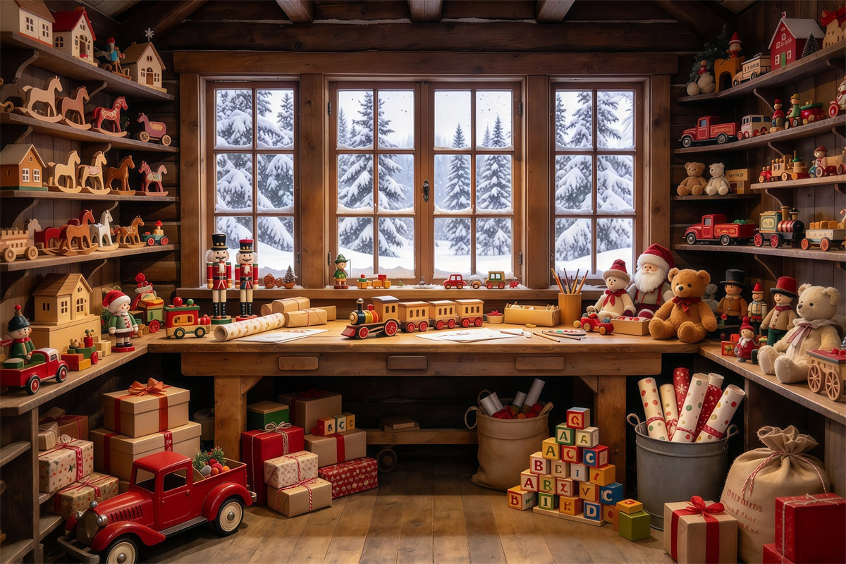 Twas The Night Before Christmas Backdrop Wooden Toy Workshop Interior Xmas Photo Backdrop GQ69-72