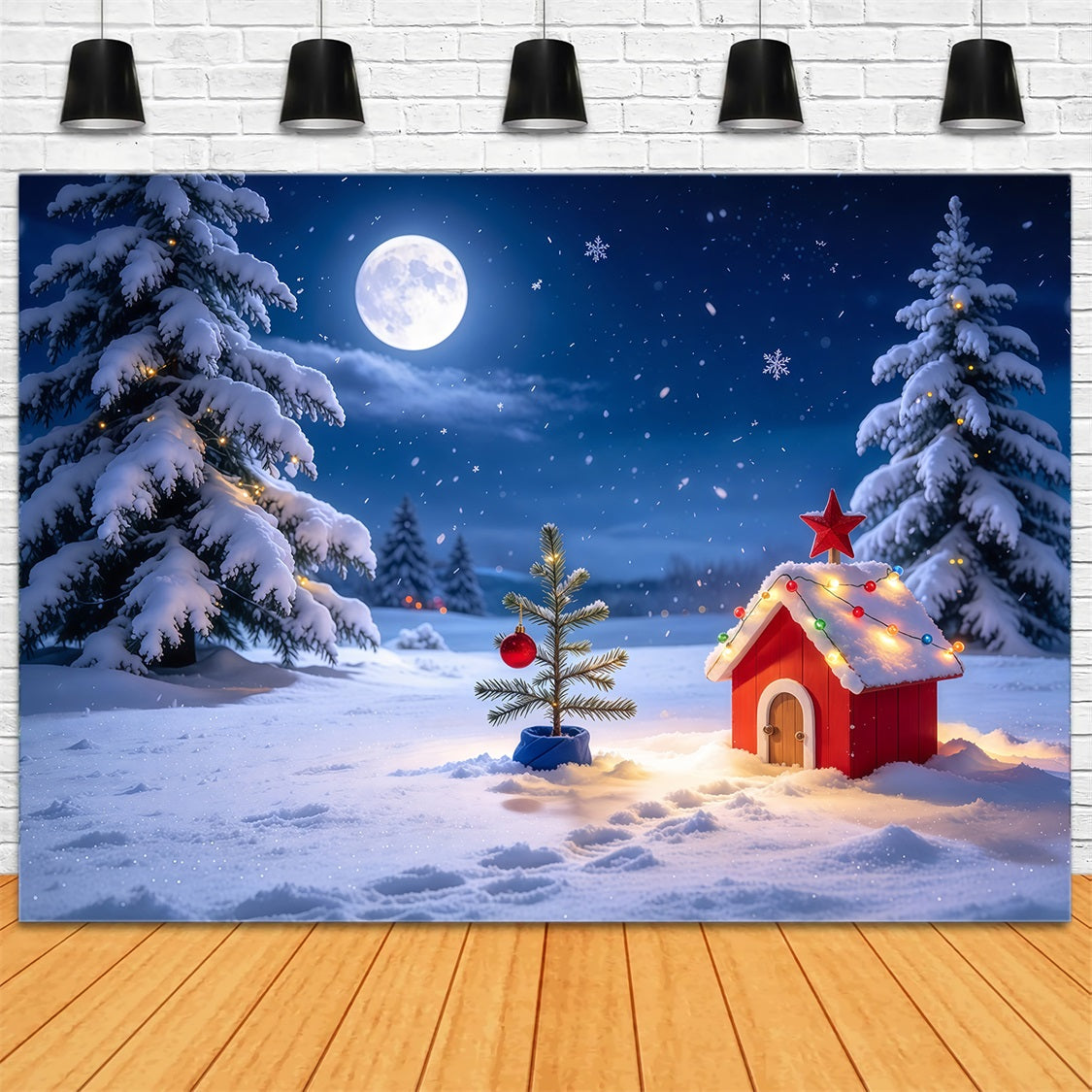 Funny Christmas Backdrops Moonlit Snowy Cottage Landscape Snow Christmas Backdrops GQ69-73