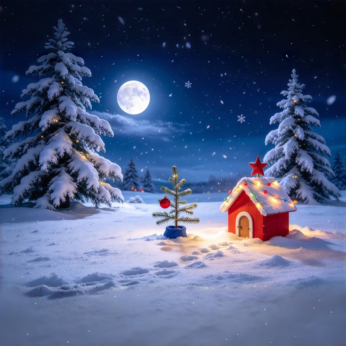 Funny Christmas Backdrops Moonlit Snowy Cottage Landscape Snow Christmas Backdrops GQ69-73