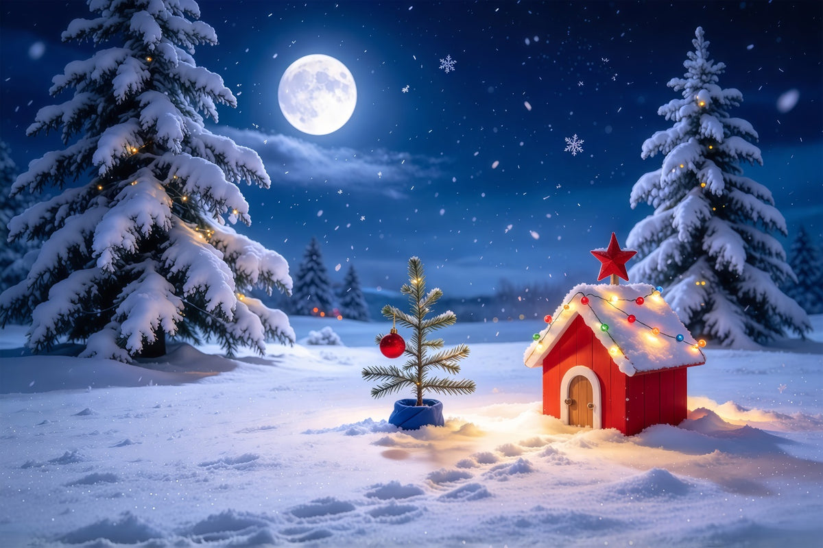 Funny Christmas Backdrops Moonlit Snowy Cottage Landscape Snow Christmas Backdrops GQ69-73