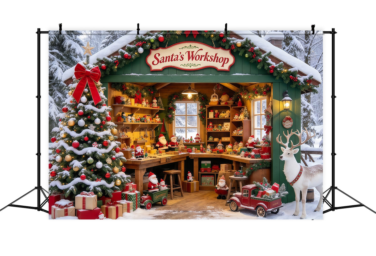 Santa Workshop Backdrops Snowy Forest House Reindeer Santa Photos Backdrop GQ69-74