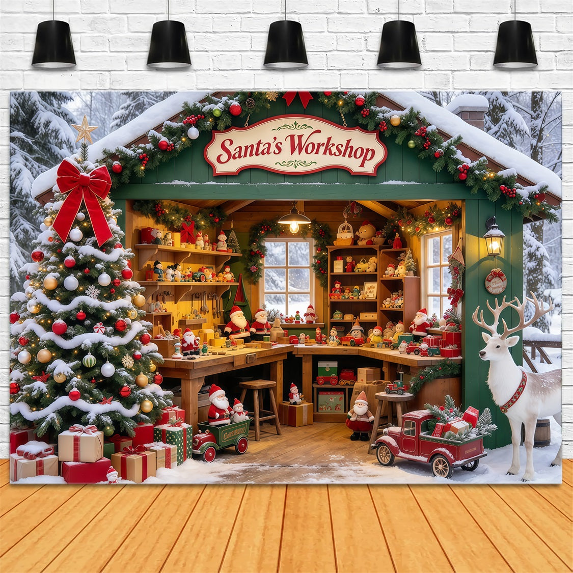 Santa Workshop Backdrops Snowy Forest House Reindeer Santa Photos Backdrop GQ69-74