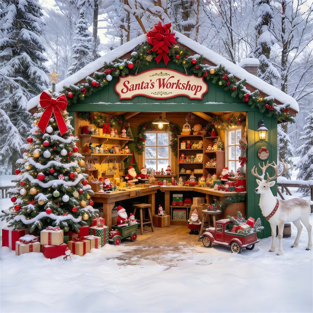 Santa Workshop Backdrops Snowy Forest House Reindeer Santa Photos Backdrop GQ69-74