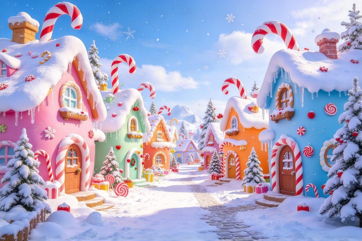 Backdrop For Christmas Photos Pastel Candy Village Street Whimsical Christmas Backdrop GQ69-76