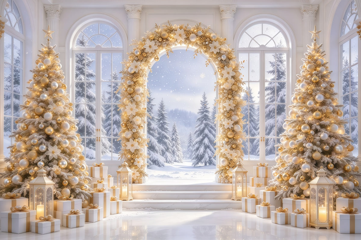 White And Gold Christmas Backdrop Golden Floral Winter Arch Christmas Backdrop GQ69-79