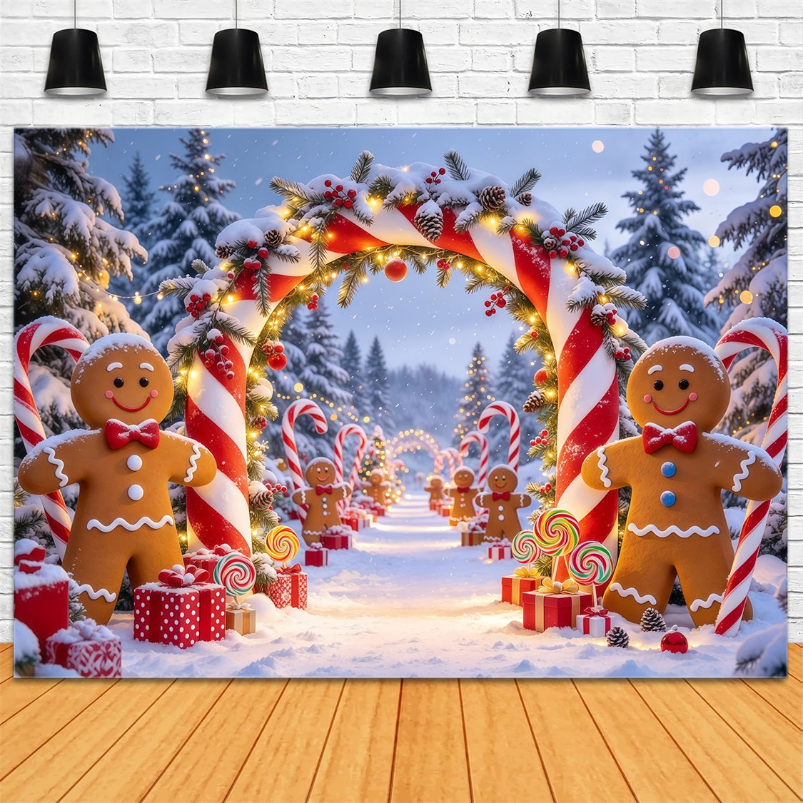 Christmas Backdrop Portrait Gingerbread Snowy Forest Path Candy Cane Photo Backdrop GQ69-80