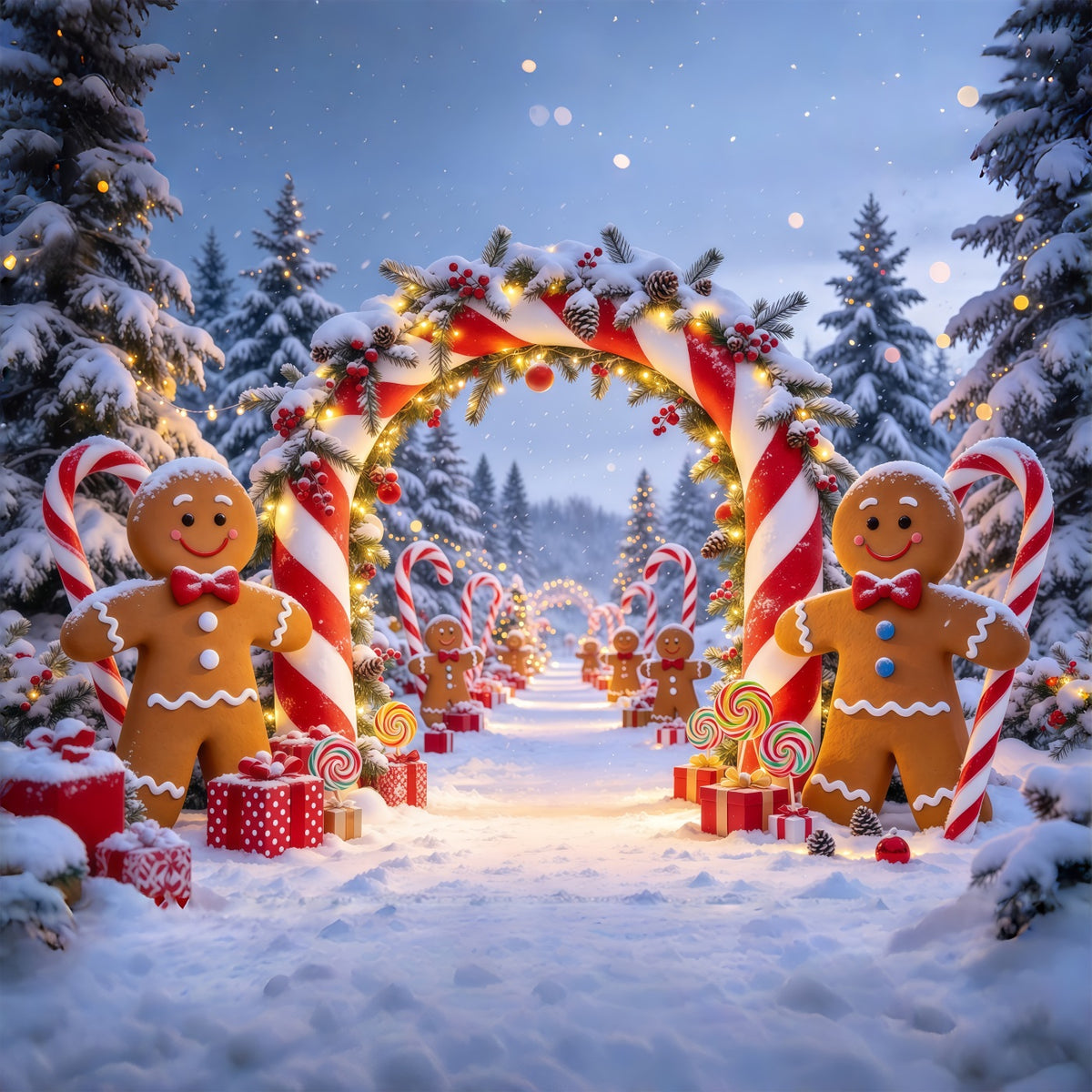 Christmas Backdrop Portrait Gingerbread Snowy Forest Path Candy Cane Photo Backdrop GQ69-80