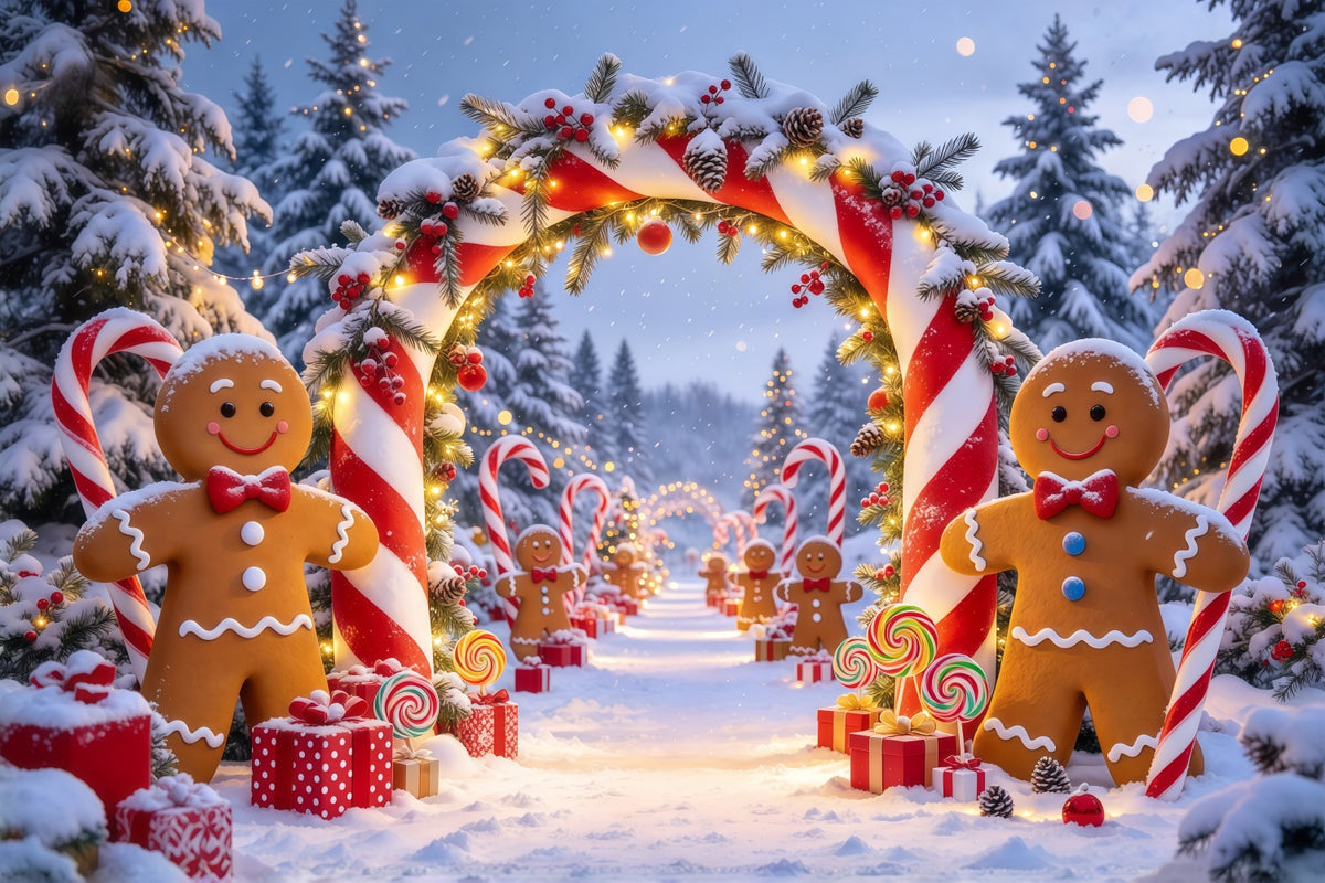 Christmas Backdrop Portrait Gingerbread Snowy Forest Path Candy Cane Photo Backdrop GQ69-80