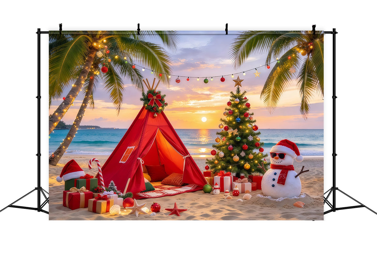 Traditional Christmas Backdrop Tropical Beach Snowman Camp Hawaiian Christmas Backdrop GQ69-81