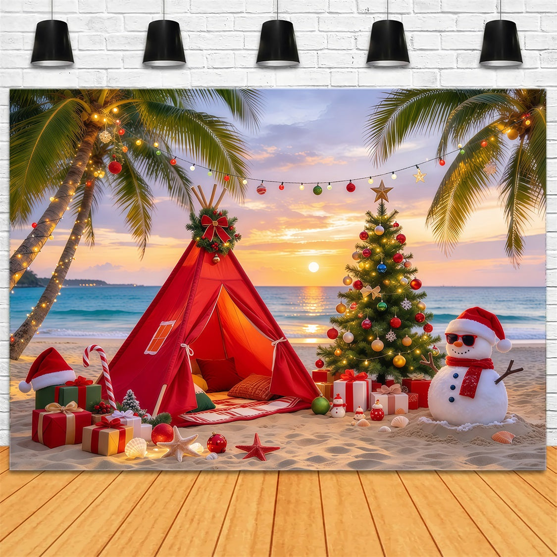 Traditional Christmas Backdrop Tropical Beach Snowman Camp Hawaiian Christmas Backdrop GQ69-81