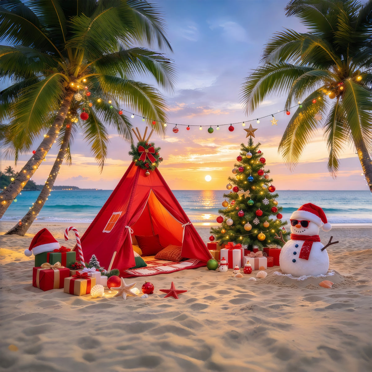 Traditional Christmas Backdrop Tropical Beach Snowman Camp Hawaiian Christmas Backdrop GQ69-81