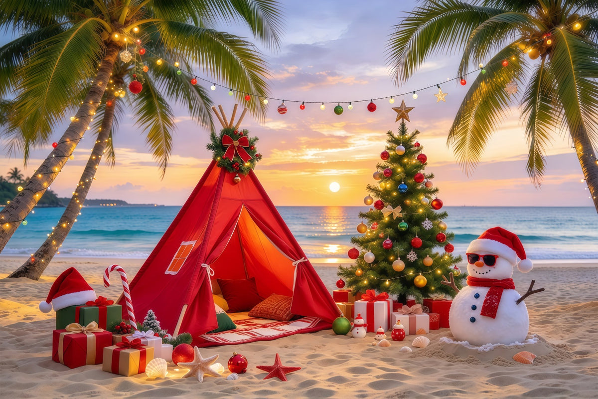 Traditional Christmas Backdrop Tropical Beach Snowman Camp Hawaiian Christmas Backdrop GQ69-81