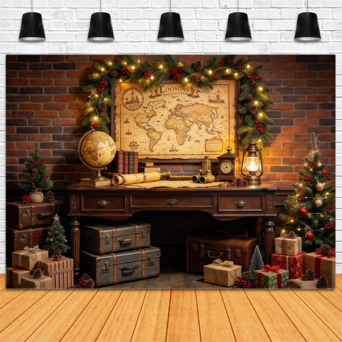 Christmas Around The World Backdrop Vintage Travel Map Display Vintage Christmas Backdrops GQ69-82
