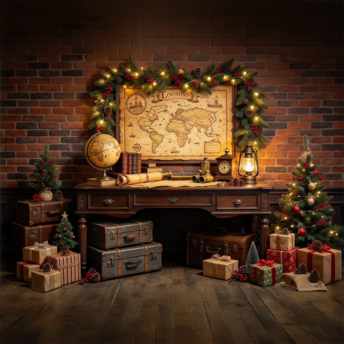 Christmas Around The World Backdrop Vintage Travel Map Display Vintage Christmas Backdrops GQ69-82