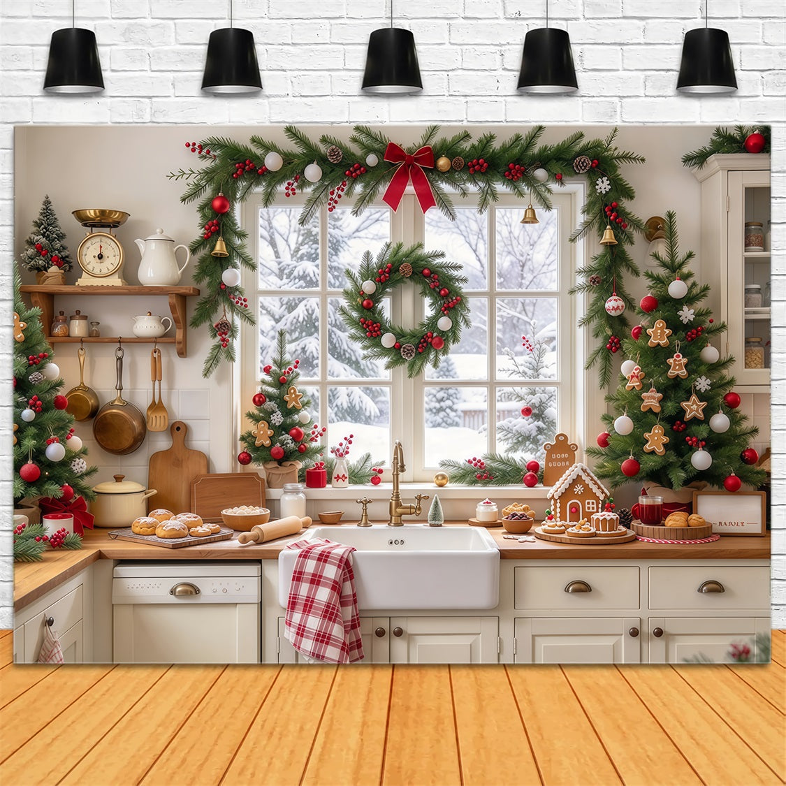 Large Christmas Scene Backdrop Festive Kitchen Window Display Christmas Baking Backdrop GQ69-83