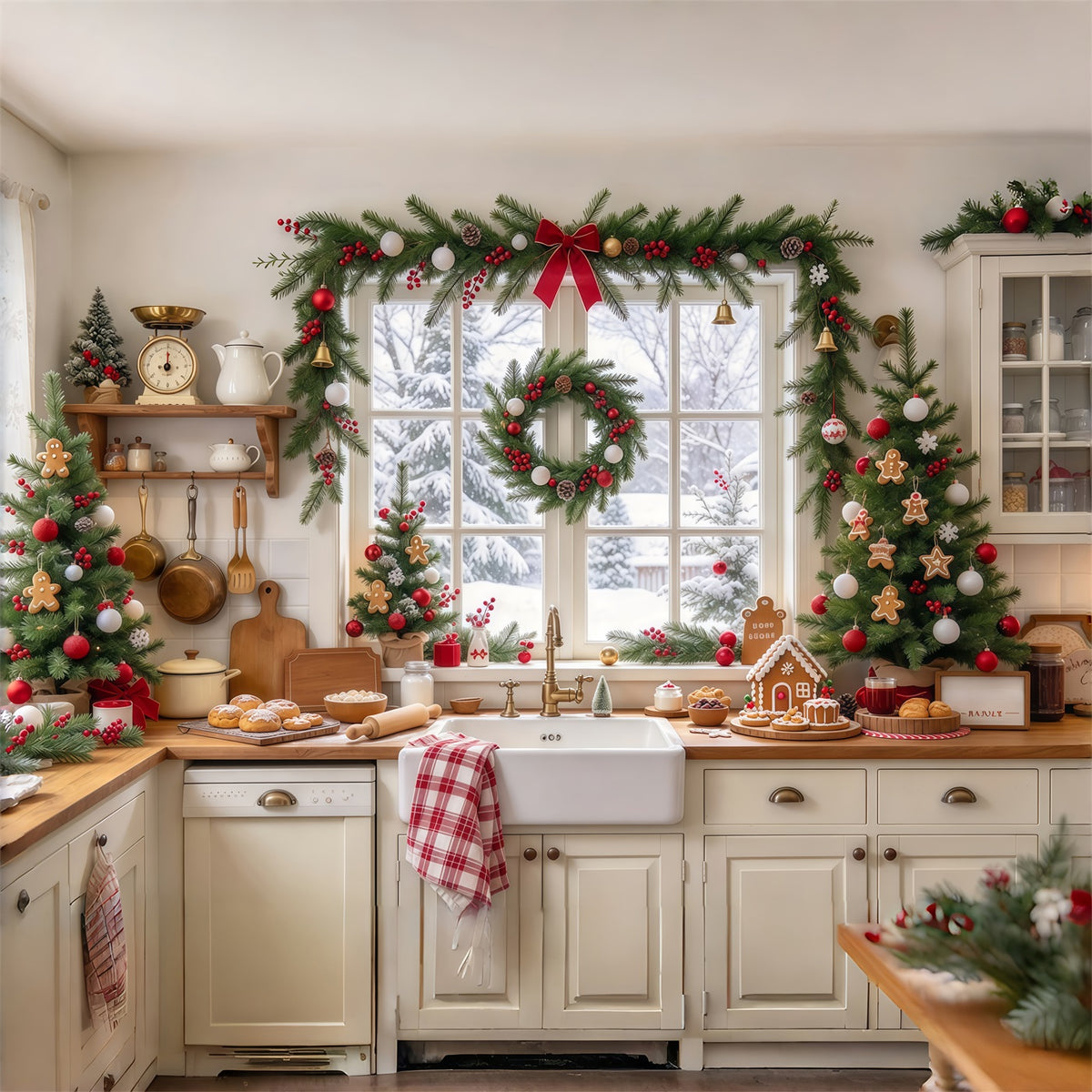 Large Christmas Scene Backdrop Festive Kitchen Window Display Christmas Baking Backdrop GQ69-83