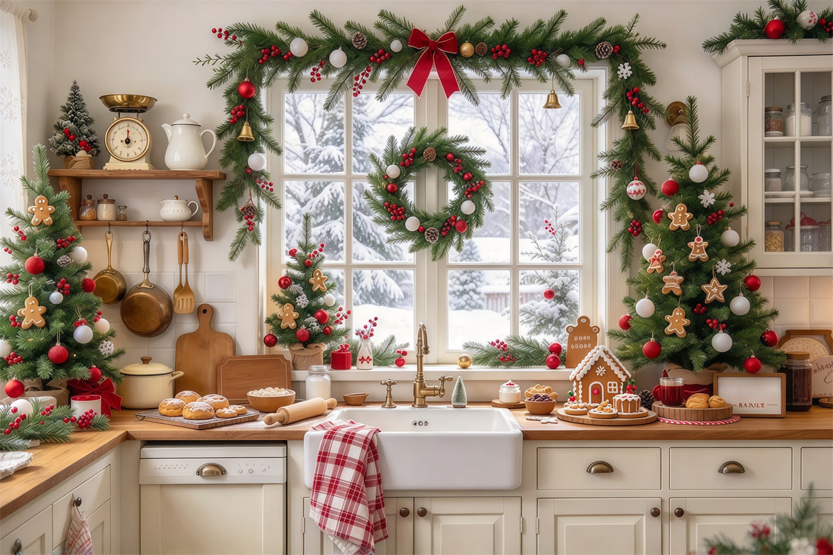 Large Christmas Scene Backdrop Festive Kitchen Window Display Christmas Baking Backdrop GQ69-83