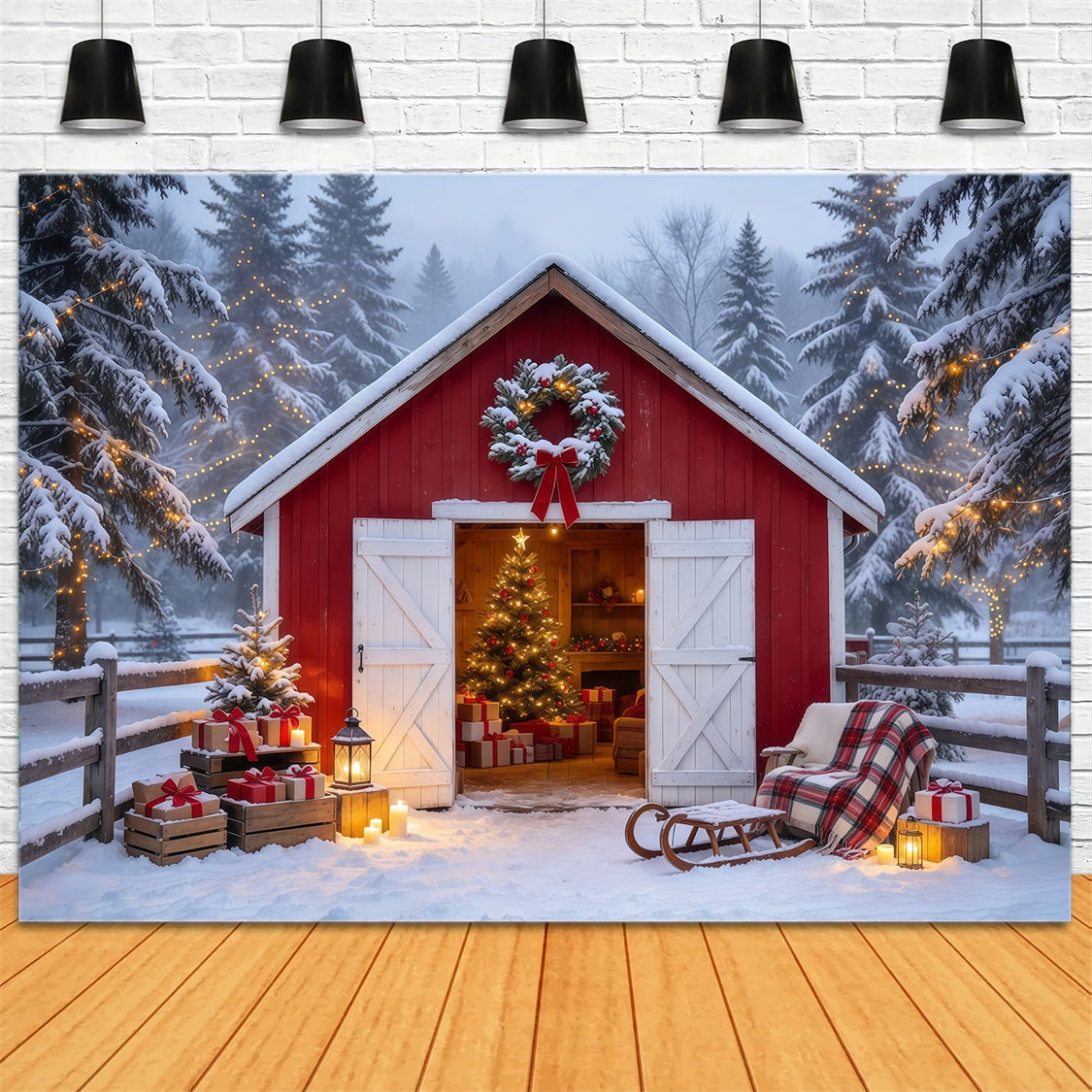 Country Christmas Backdrops Snowy Red Barn Retreat Christmas Card Backdrops GQ69-84