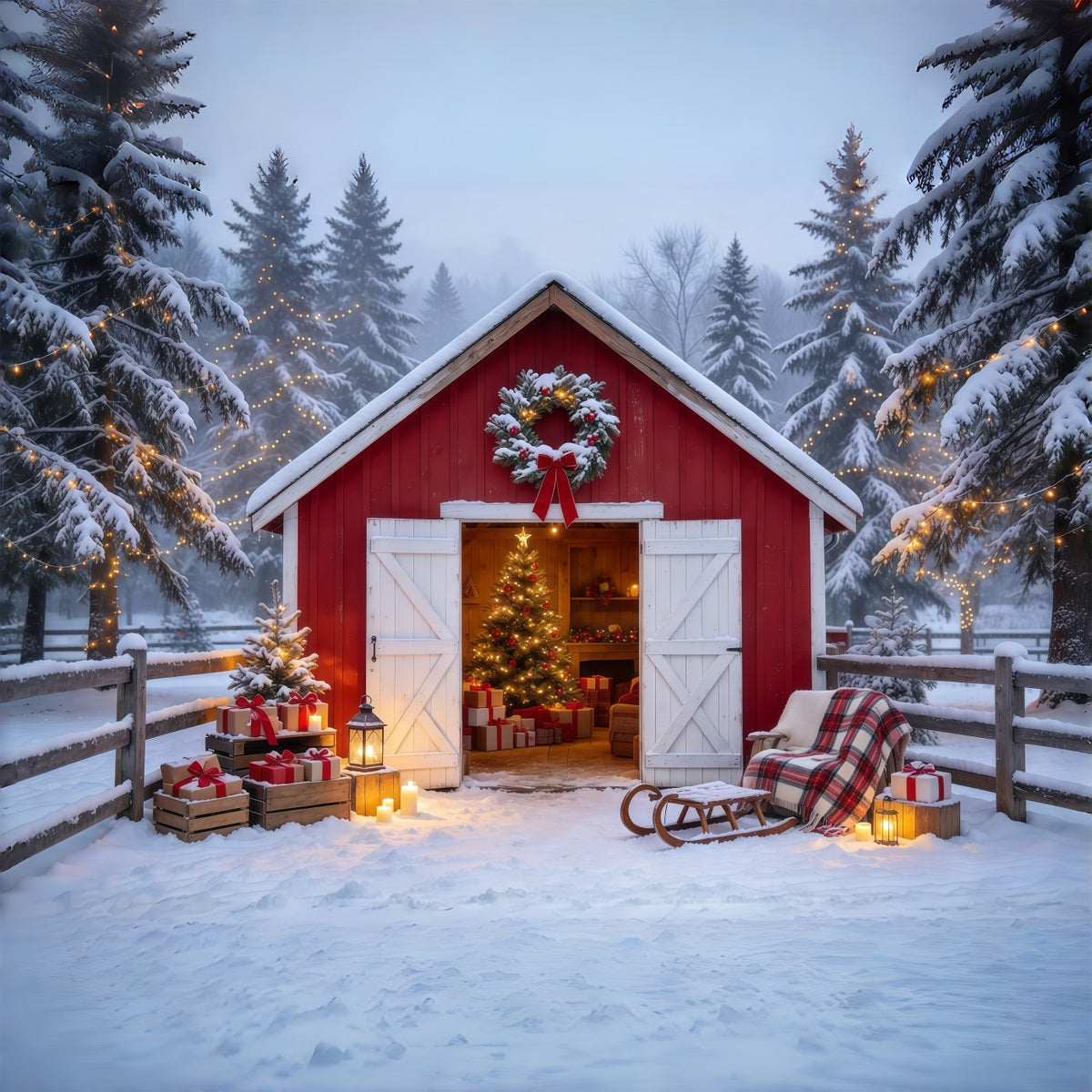Country Christmas Backdrops Snowy Red Barn Retreat Christmas Card Backdrops GQ69-84