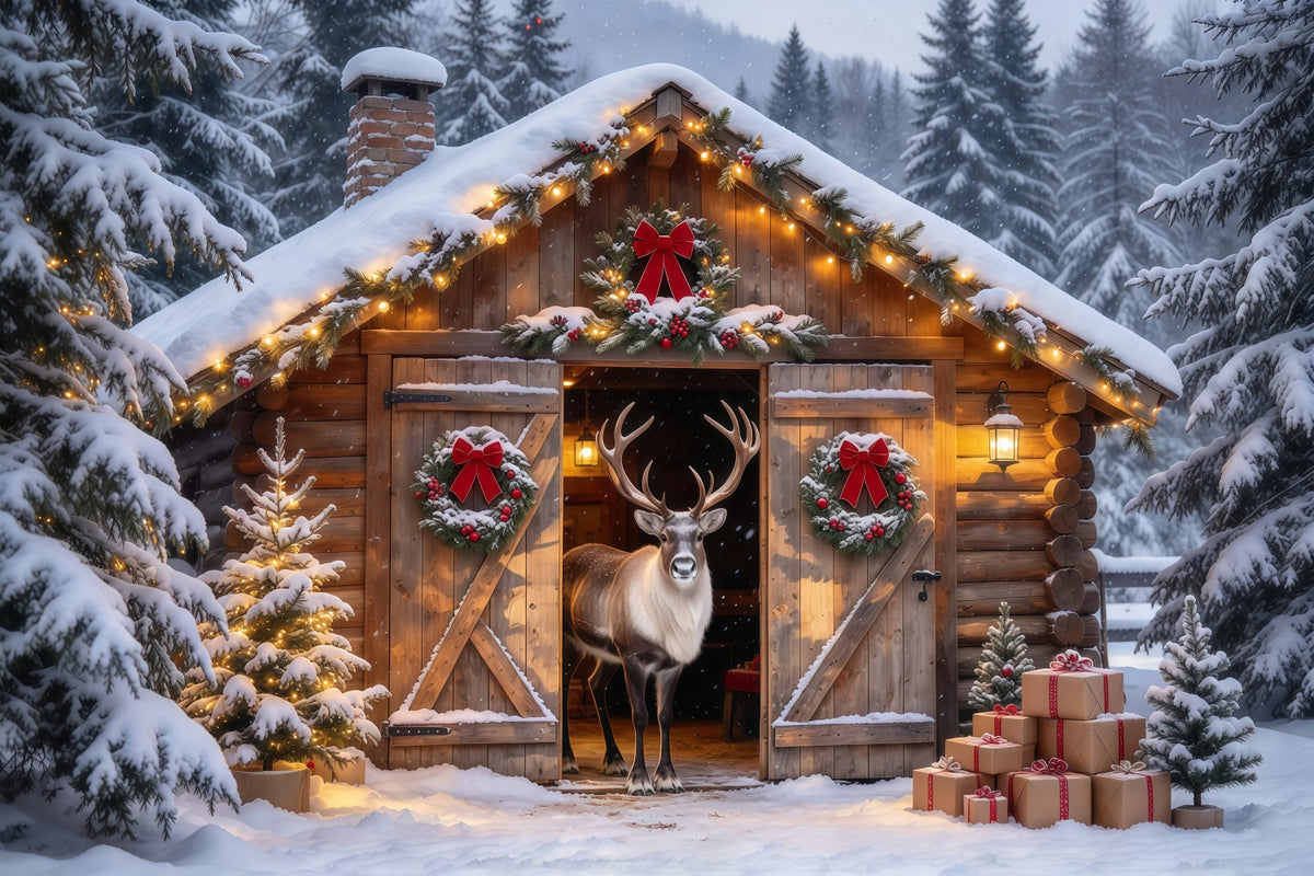 Winter Christmas Backdrops Snowy Reindeer Cabin Entrance Reindeer Stable Backdrop GQ69-88