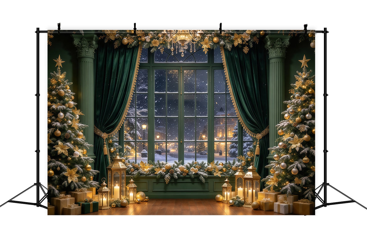 Christmas Curtain Backdrop Emerald Gold Window Display Christmas Story Backdrop GQ69-89