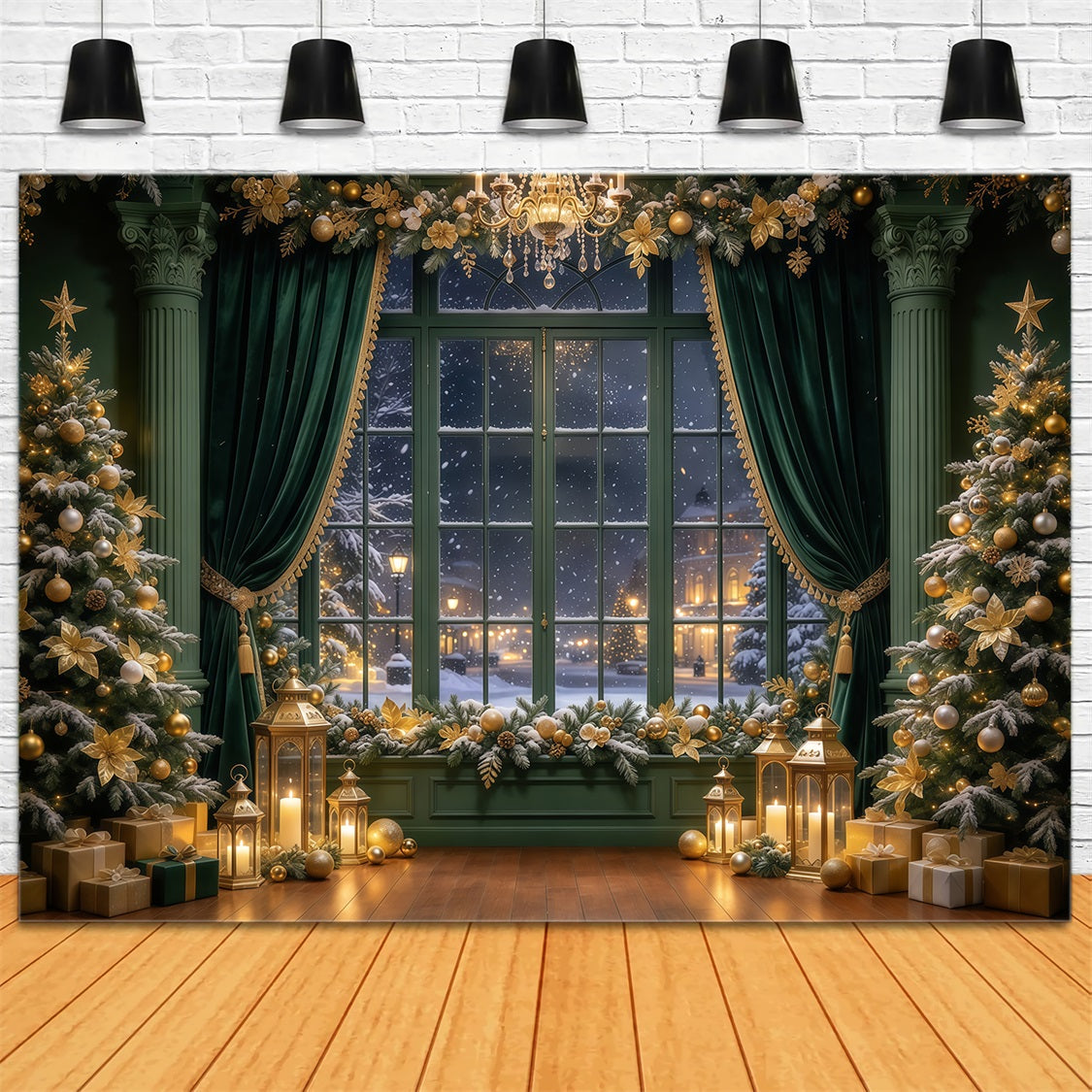 Christmas Curtain Backdrop Emerald Gold Window Display Christmas Story Backdrop GQ69-89