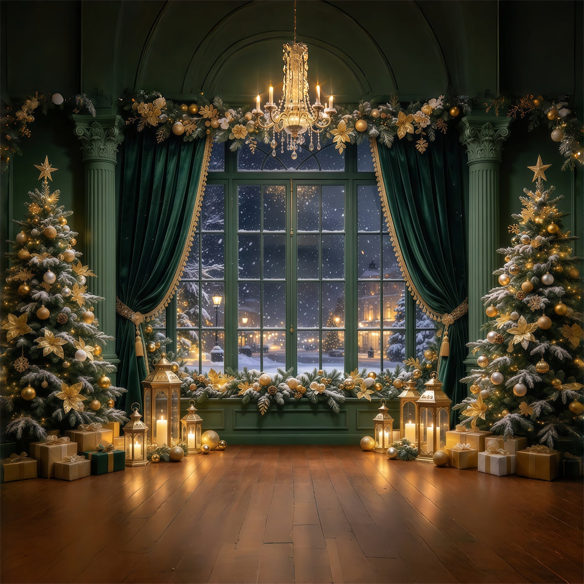 Christmas Curtain Backdrop Emerald Gold Window Display Christmas Story Backdrop GQ69-89