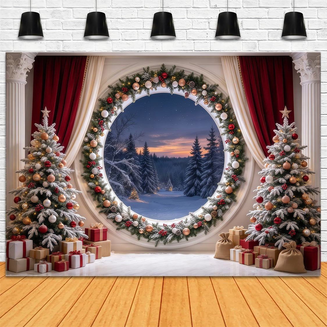 Christmas Backdrop Scenes Round Forest Window Garland Christmas Backdrop HD GQ69-90