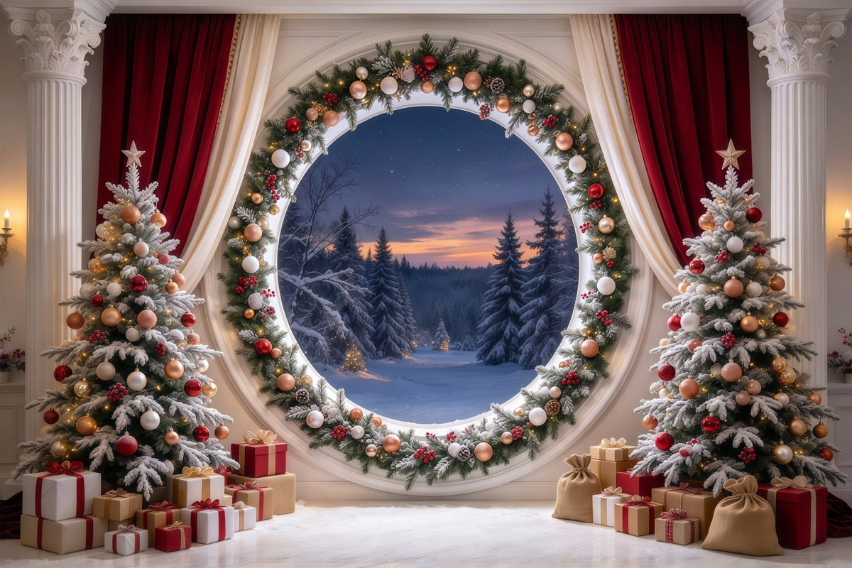Christmas Backdrop Scenes Round Forest Window Garland Christmas Backdrop HD GQ69-90