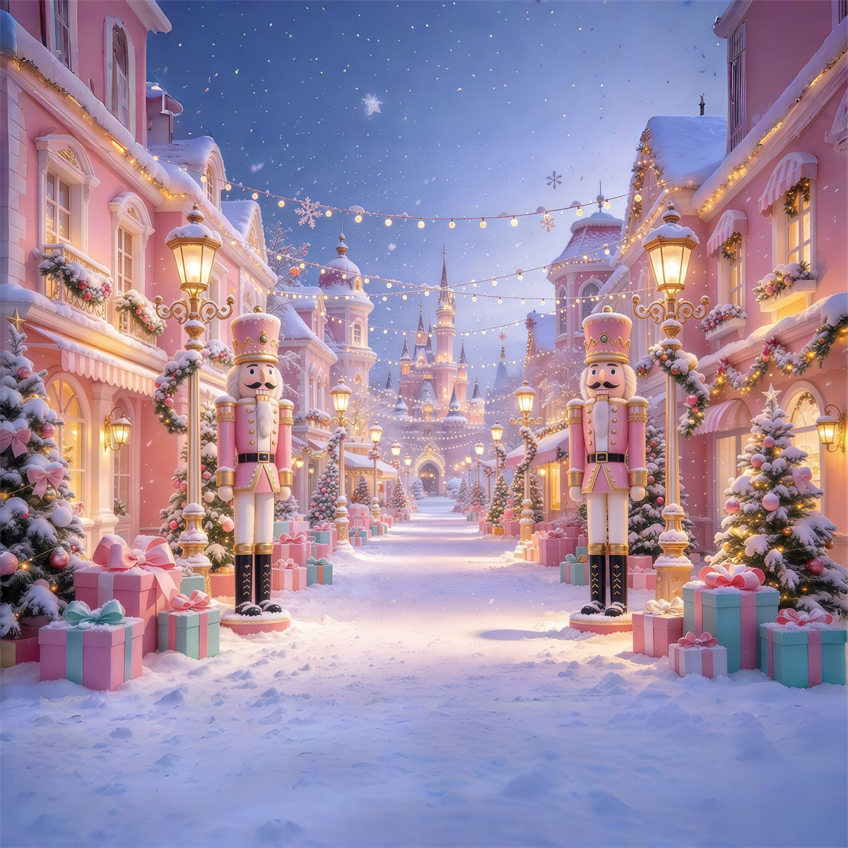 Pink Christmas Photo Backdrop Snowy Nutcracker Castle Street Colorful Christmas Backdrop GQ69-92