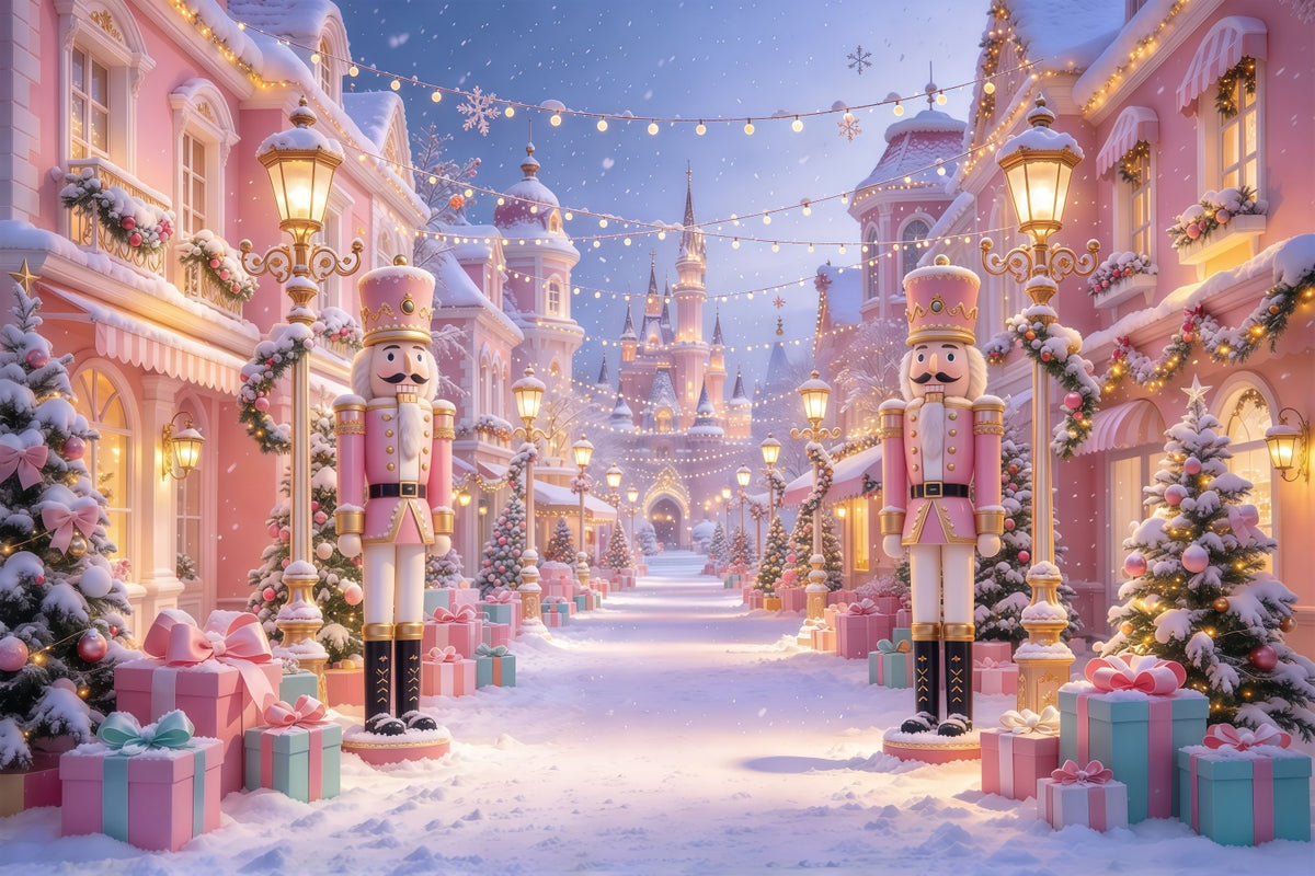 Pink Christmas Photo Backdrop Snowy Nutcracker Castle Street Colorful Christmas Backdrop GQ69-92
