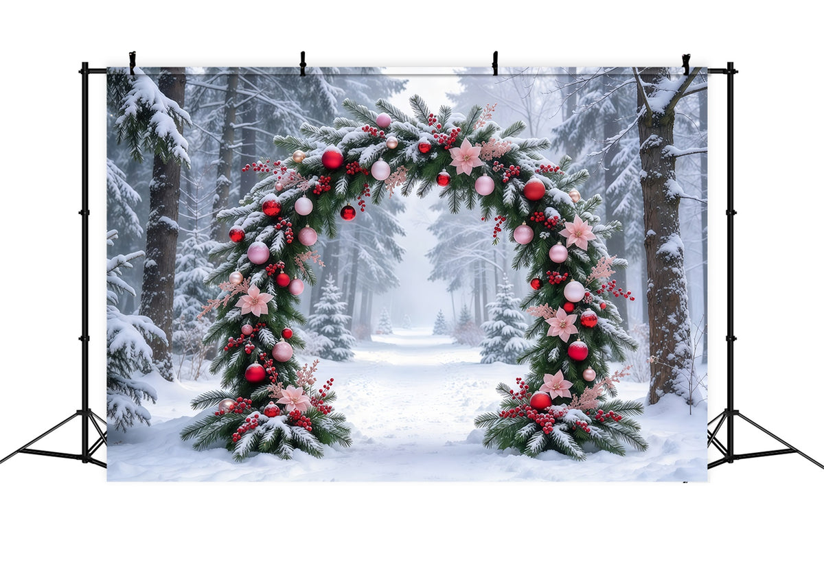 Photography Christmas Tree Backdrop Snowy Pink Floral Arch Outdoor Christmas Tree Backdrop GQ69-93