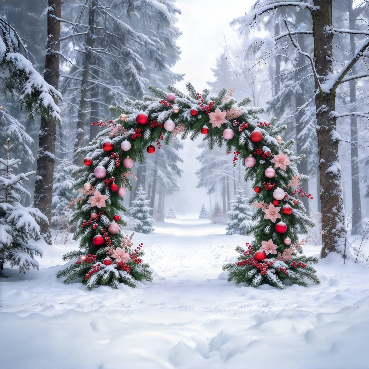 Photography Christmas Tree Backdrop Snowy Pink Floral Arch Outdoor Christmas Tree Backdrop GQ69-93