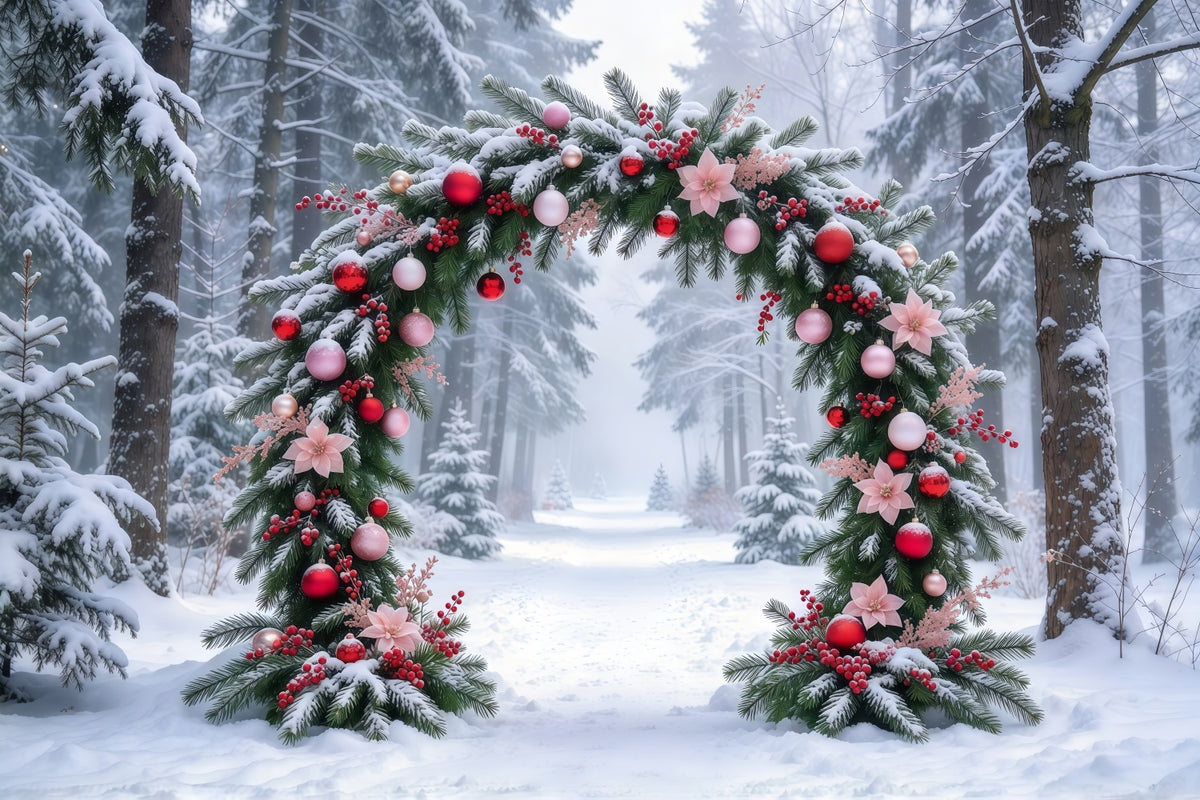 Photography Christmas Tree Backdrop Snowy Pink Floral Arch Outdoor Christmas Tree Backdrop GQ69-93