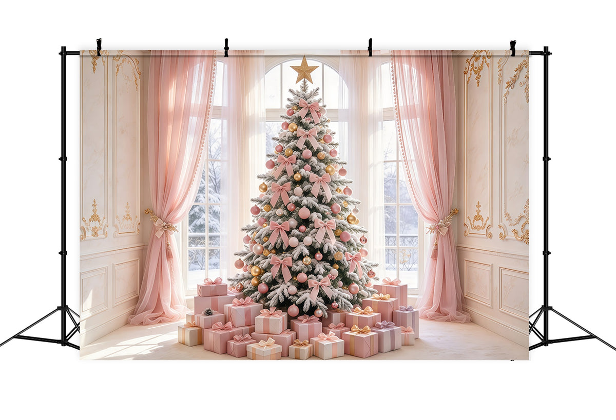 Pink Christmas Backdrops For Photography Blush Bow Tree Gifts Christmas Photoshoot Backdrops GQ69-94