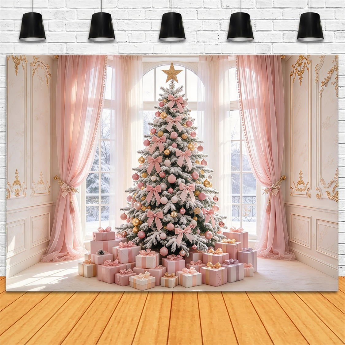 Pink Christmas Backdrops For Photography Blush Bow Tree Gifts Christmas Photoshoot Backdrops GQ69-94