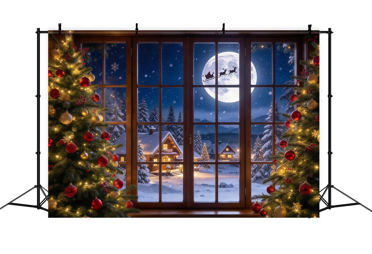 Christmas Window Scene Backdrop Moonlit Santa Sleigh Window 5x7 Christmas Backdrop GQ69-95