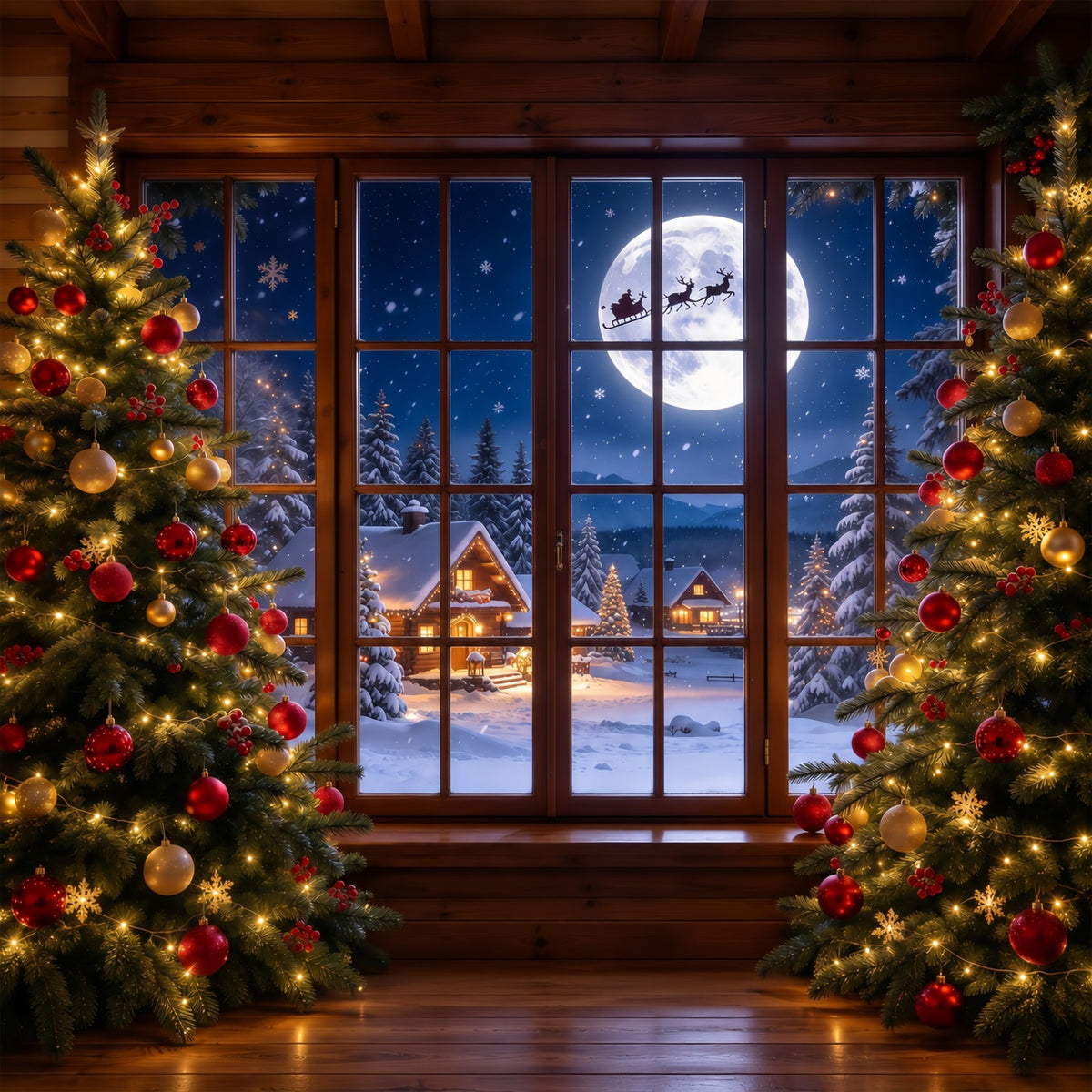 Christmas Window Scene Backdrop Moonlit Santa Sleigh Window 5x7 Christmas Backdrop GQ69-95