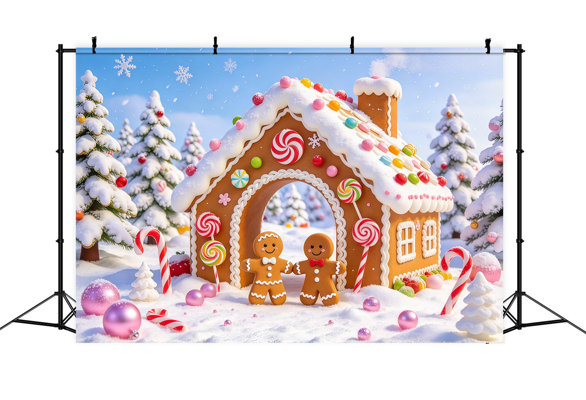 Christmas Candy Cane Backdrop Snowy Candy Cottage Gingerbread Man Backdrop GQ69-99