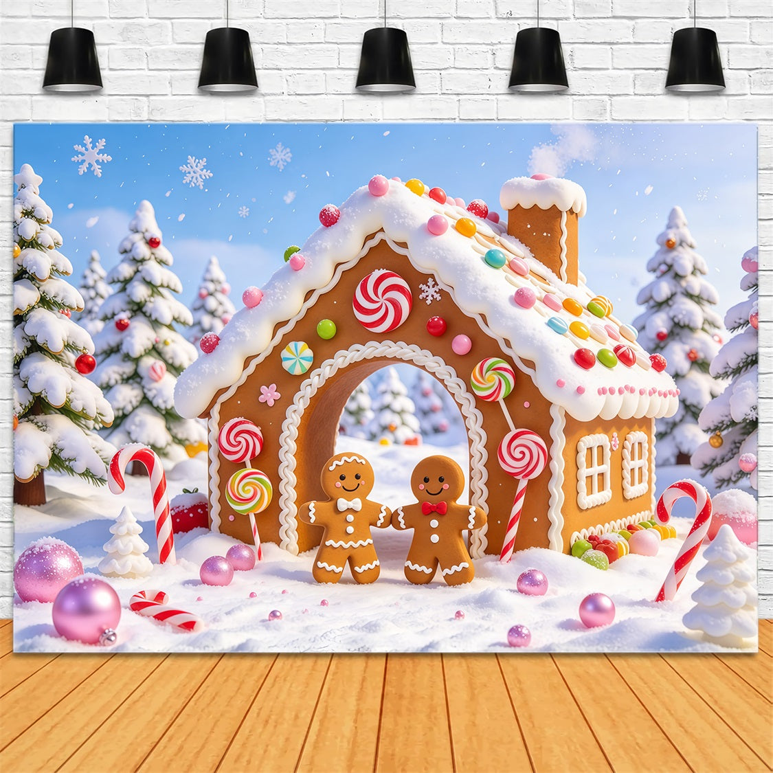 Christmas Candy Cane Backdrop Snowy Candy Cottage Gingerbread Man Backdrop GQ69-99