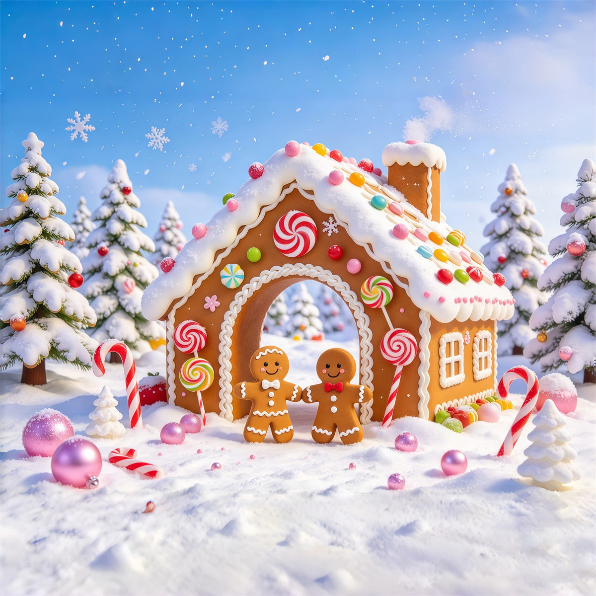 Christmas Candy Cane Backdrop Snowy Candy Cottage Gingerbread Man Backdrop GQ69-99