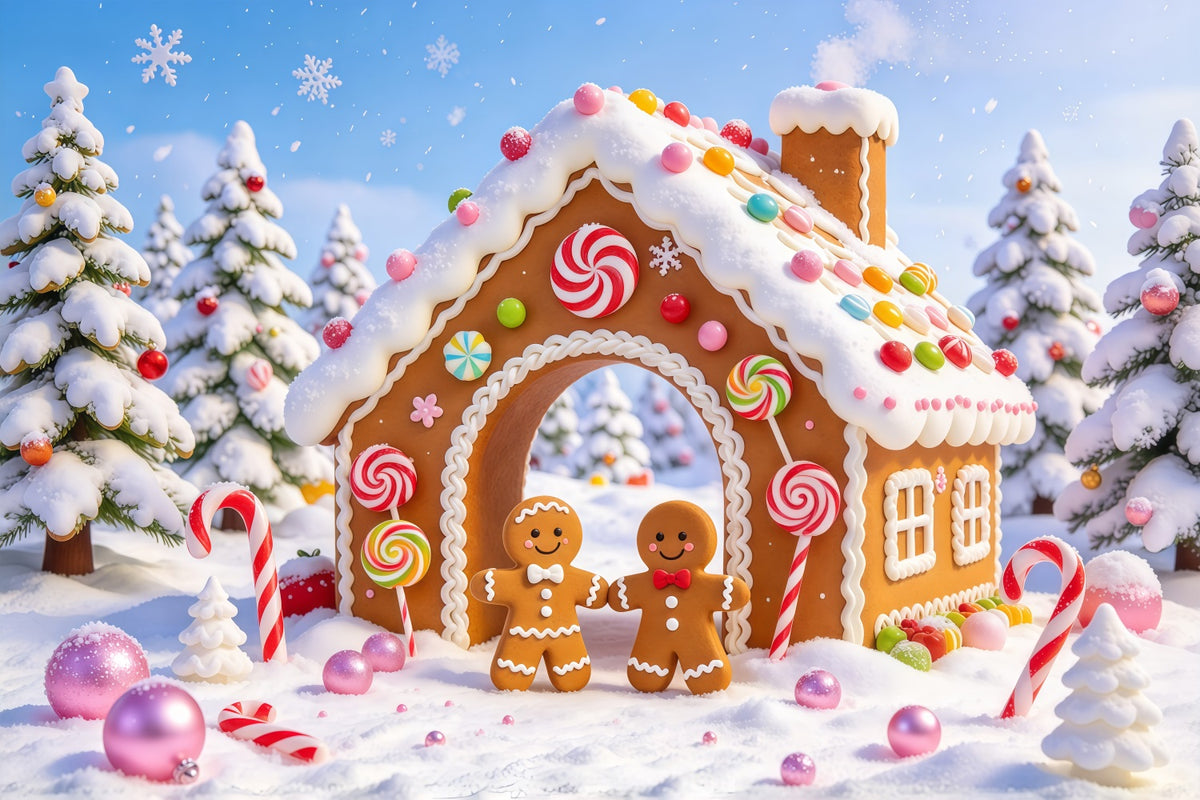 Christmas Candy Cane Backdrop Snowy Candy Cottage Gingerbread Man Backdrop GQ69-99