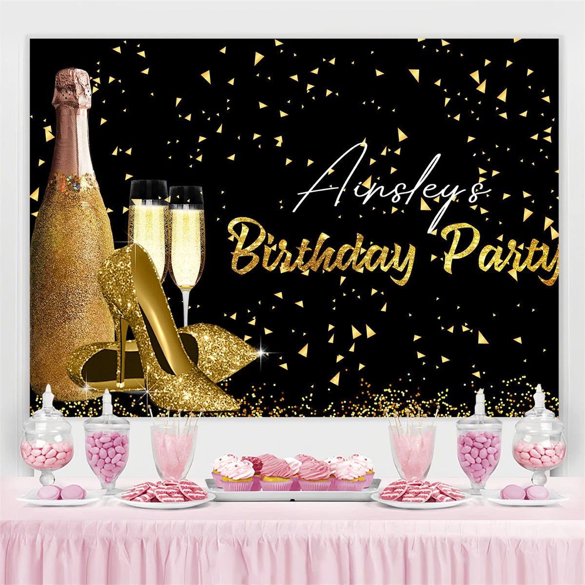 Personalized Birthday Backdrop Glitter Heels Champagne Backdrop GTY3-246