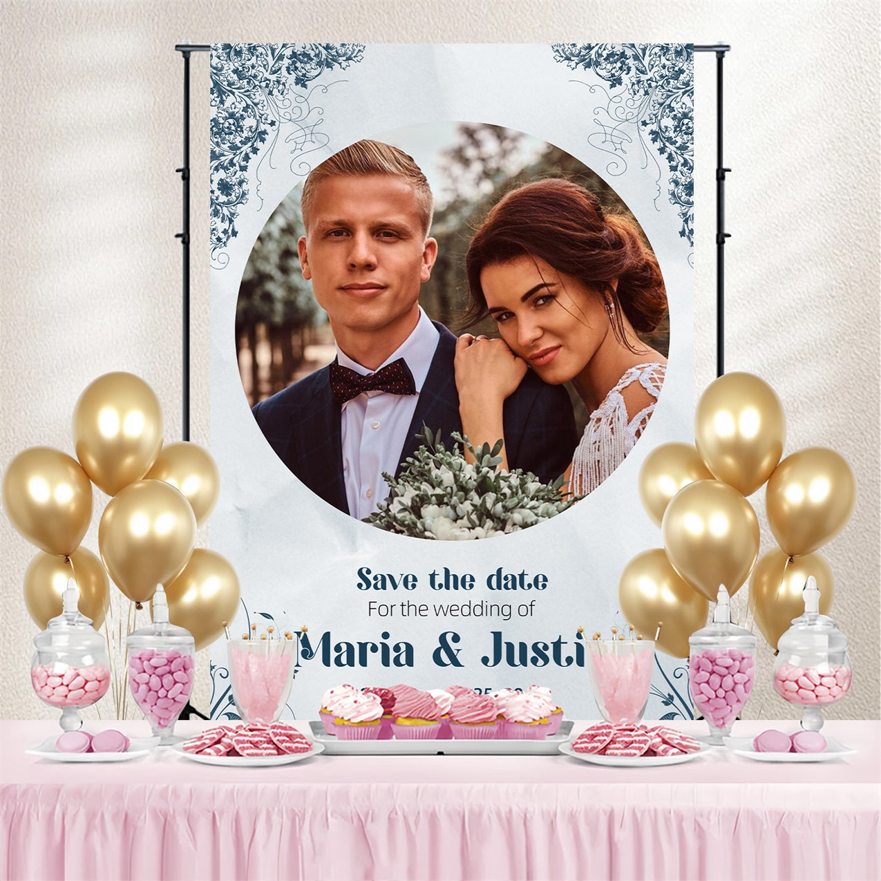 Wedding Photo Backdrop Elegant Blue Floral Personalized Backdrop GTY3-276