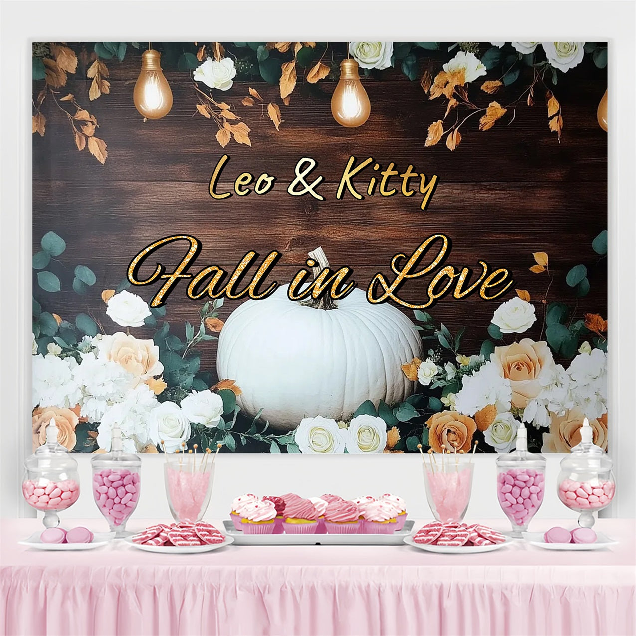 Fall Wedding Backdrop Pumpkin Floral Personalized Backdrop GTY3-280
